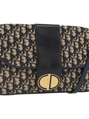 Christian Dior Trotter Canvas Shoulder Bag Navy Gold Auth 157007